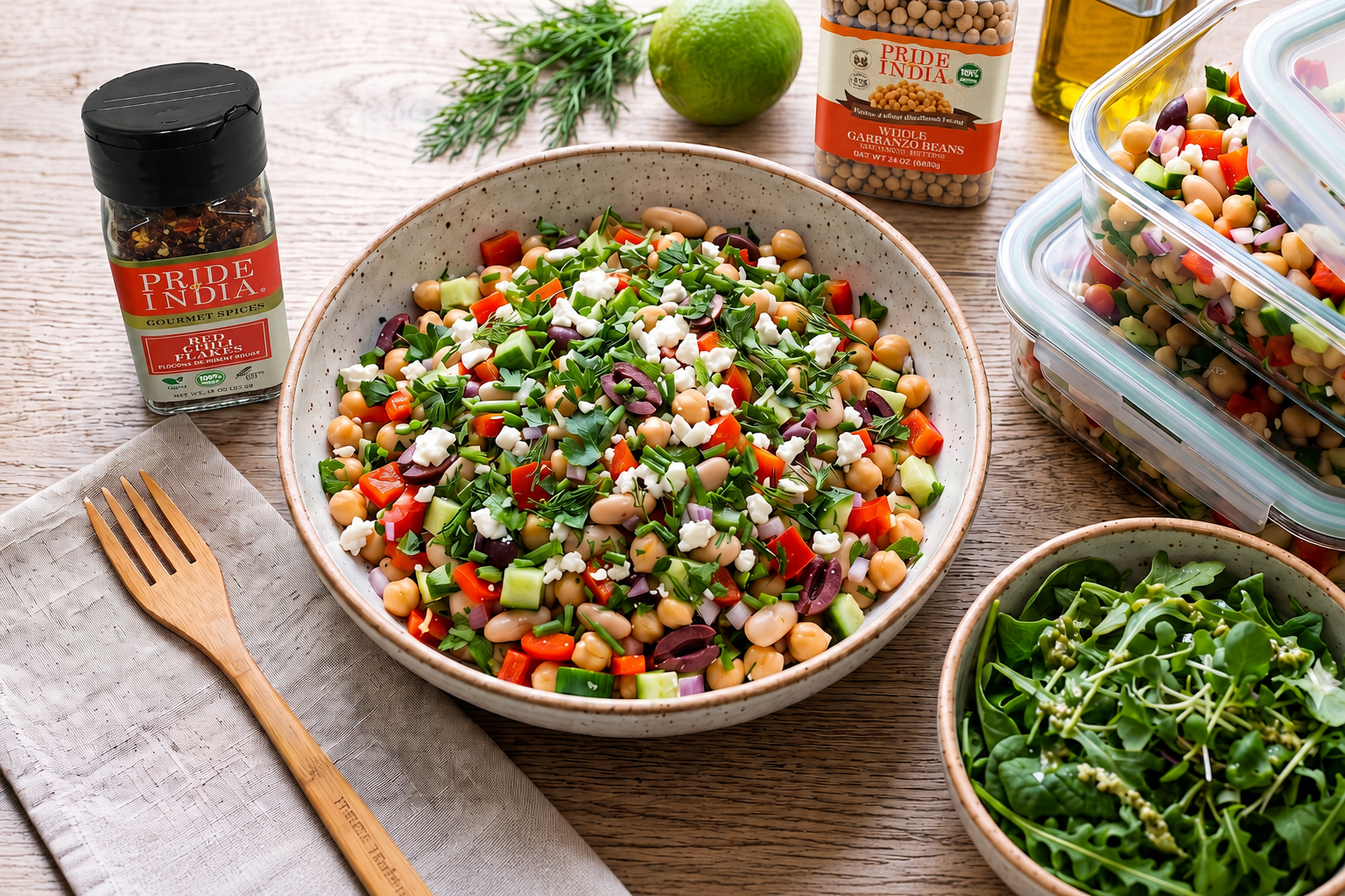 Mediterranean Dense Bean Salad with chickpeas, kidney beans, cucumber, bell peppers, olives, parsley, and herb vinaigrette