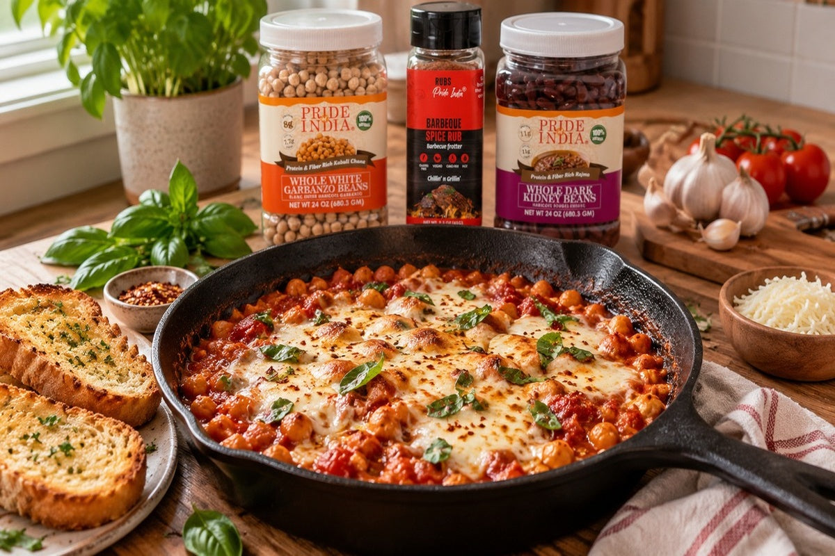 Make this easy pizza beans recipe with tender garbanzo beans, rich marinara sauce, garlic, smoky BBQ seasoning, and melted mozzarella cheese. This cozy, one-pan vegetarian meal is perfect.