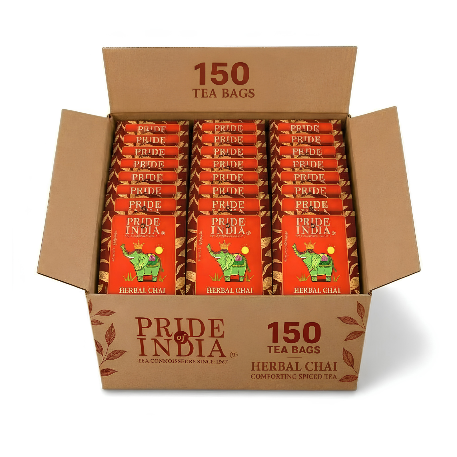 Pride of India Herbal Chai Spiced Tea - 150 Individually Wrapped Full Leaf Pyramid Tea Bags | Herbal Tea Bulk Pack for Food Service, Cafes, Hotels, Offices & Daily Tea Drinkers