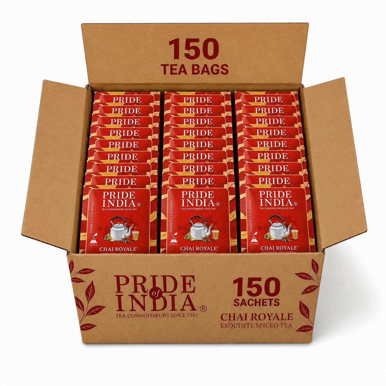 Pride of India Chai Royale Spiced Tea - 150 Individually Wrapped Full Leaf Pyramid Tea Bags | Masala Chai Tea Bulk Pack for Food Service, Cafes, Hotels, Offices & Daily Tea Drinkers
