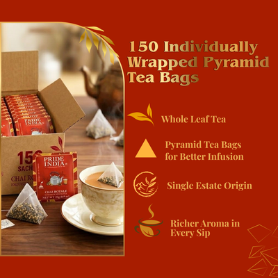 Pride of India Chai Royale Spiced Tea - 150 Individually Wrapped Full Leaf Pyramid Tea Bags | Masala Chai Tea Bulk Pack for Food Service, Cafes, Hotels, Offices & Daily Tea Drinkers