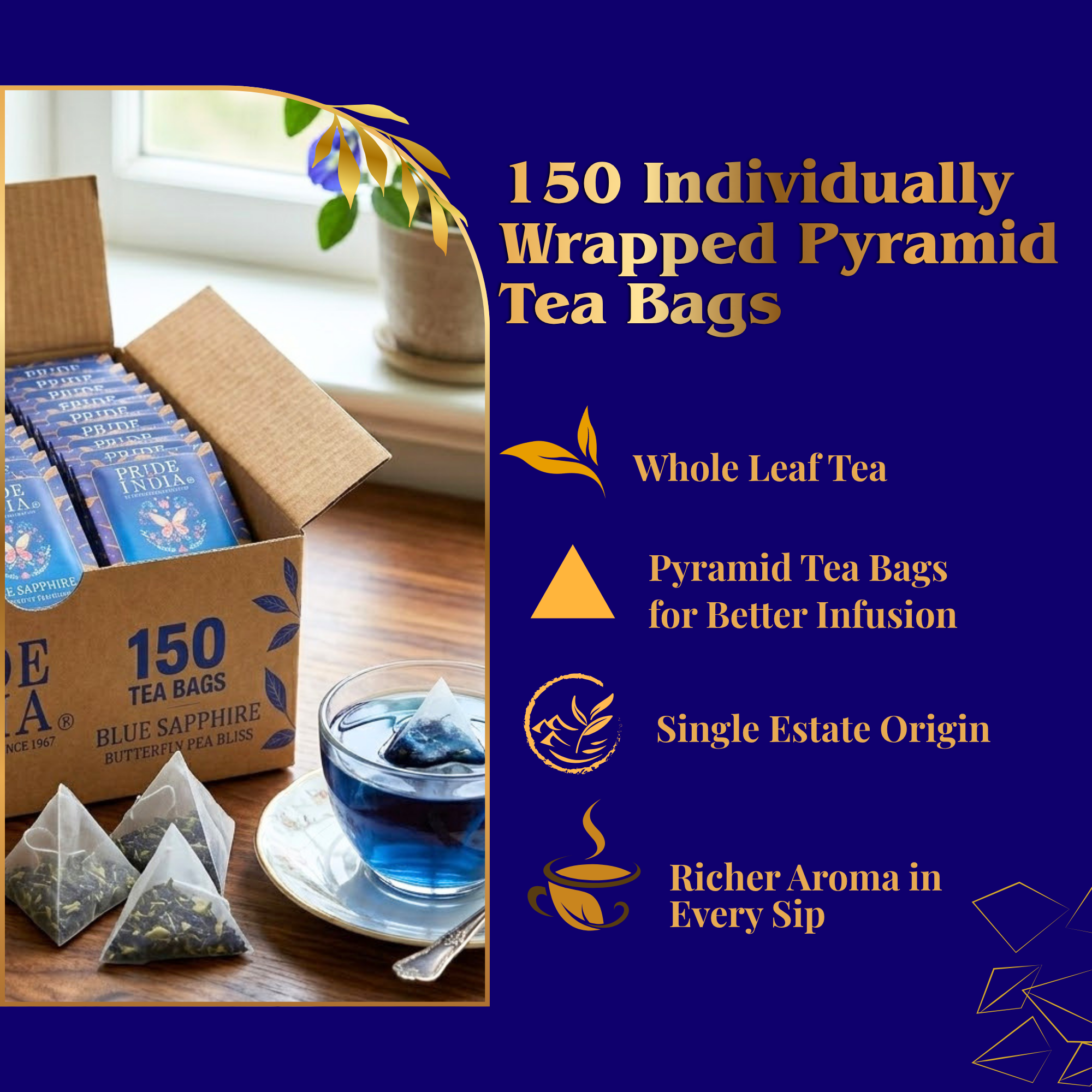 Pride of India Blue Sapphire Herbal Tea - 150 Individually Wrapped Full Leaf Pyramid Tea Bags | Butterfly Pea Flower Tea Bulk Pack for Food Service, Cafes, Hotels, Offices & Daily Tea Drinkers