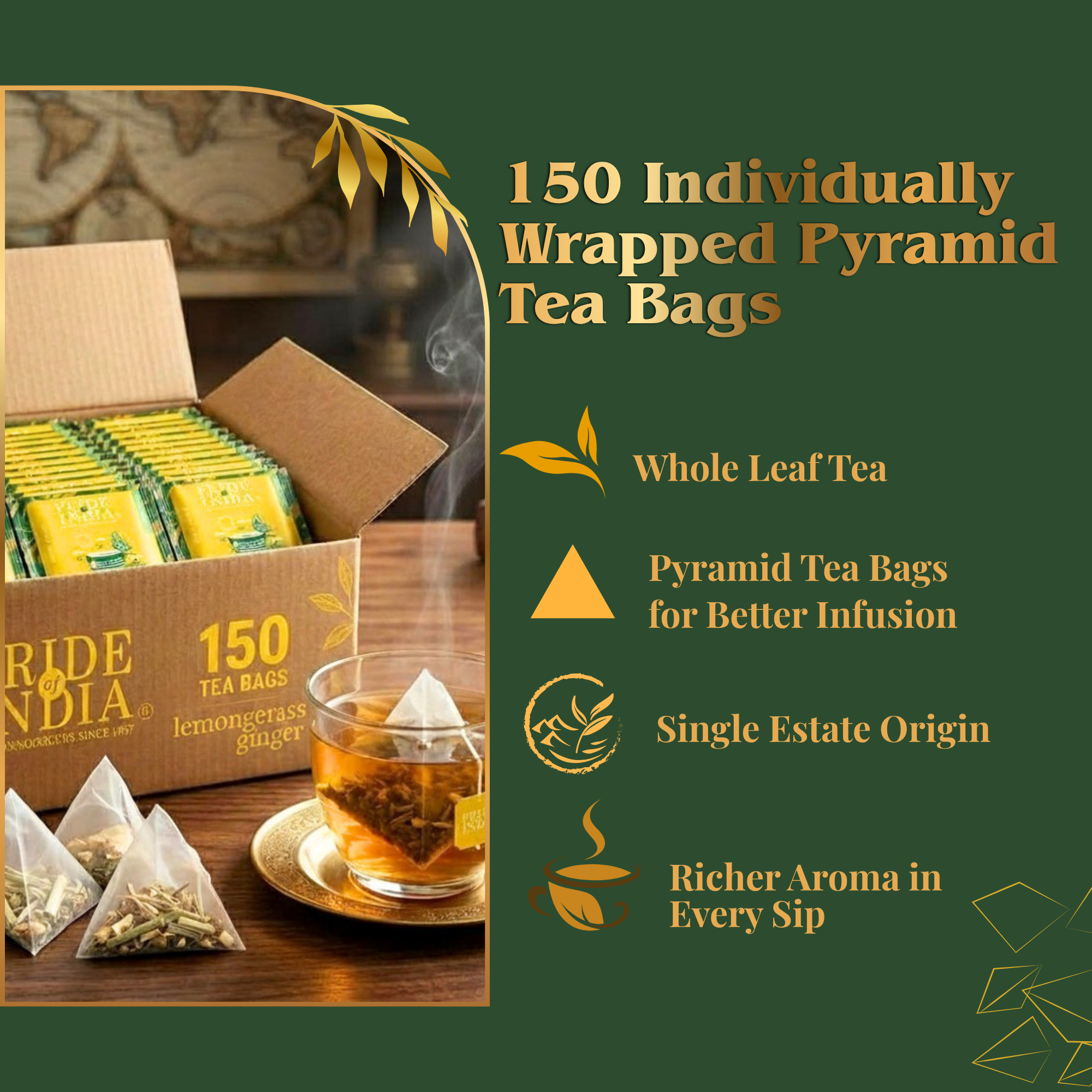 Pride of India Lemongrass Ginger Herbal Tea - 150 Individually Wrapped Full Leaf Pyramid Tea Bags | Refreshing Tea Bulk Pack for Food Service, Cafes, Hotels, Offices & Daily Tea Drinkers