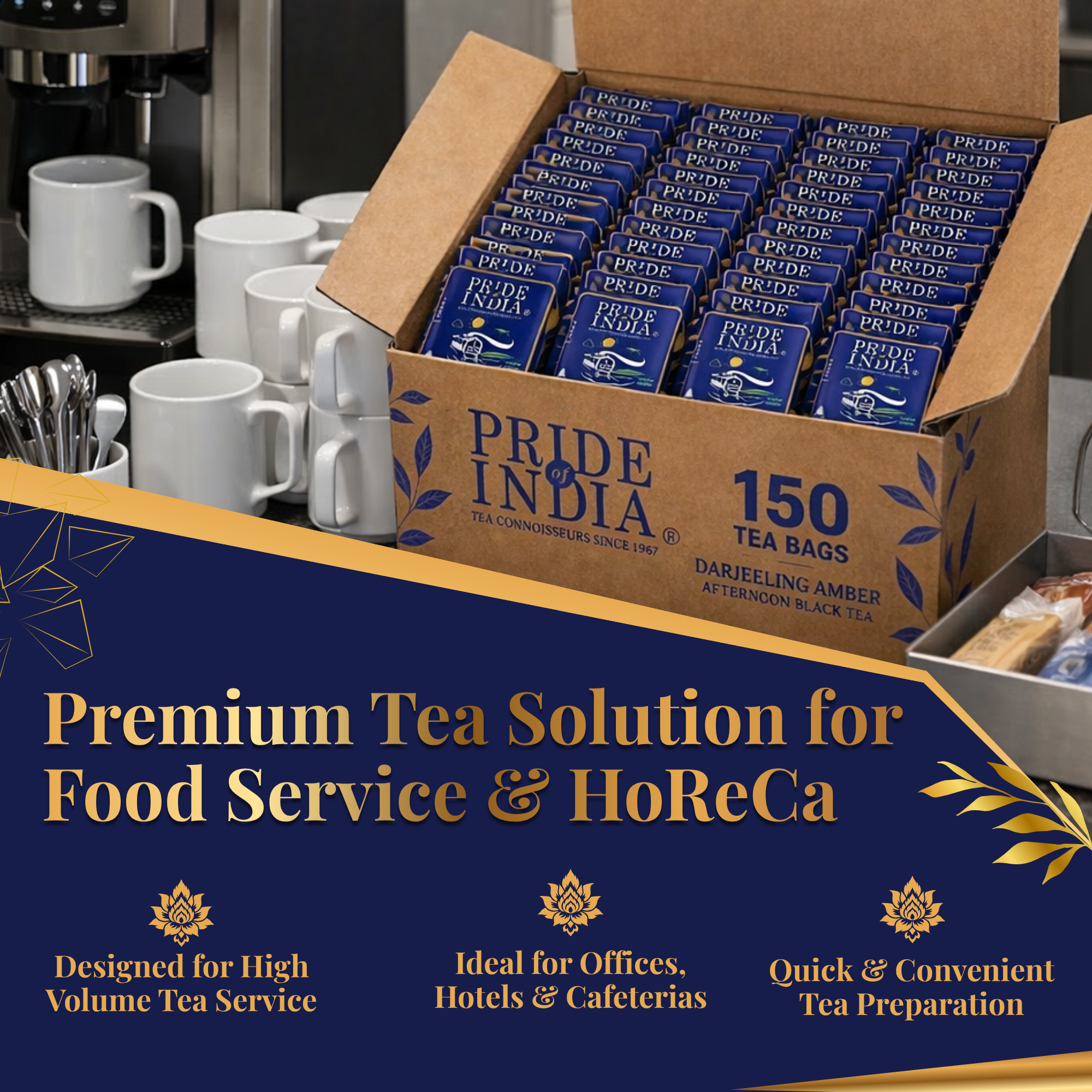 Pride of India Darjeeling Amber Black Tea - 150 Individually Wrapped Full Leaf Pyramid Tea Bags | Bulk Pack for Food Service, Restaurants, Cafes, Hotels, Offices & Daily Tea Drinkers