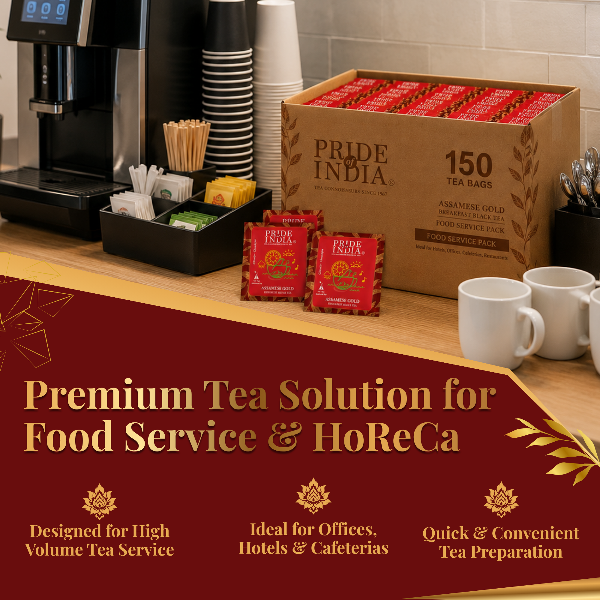 Pride of India Assamese Gold Black Tea - 150 Individually Wrapped Full Leaf Pyramid Tea Bags | Bulk Pack for Food Service, Restaurants, Cafes, Hotels, Offices & Daily Tea Drinkers