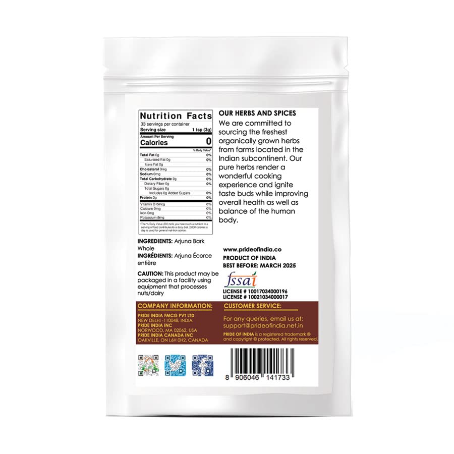 Natural Arjuna Bark Whole, Half Pound (3.53oz - 100gm) Pack - Pride Of India