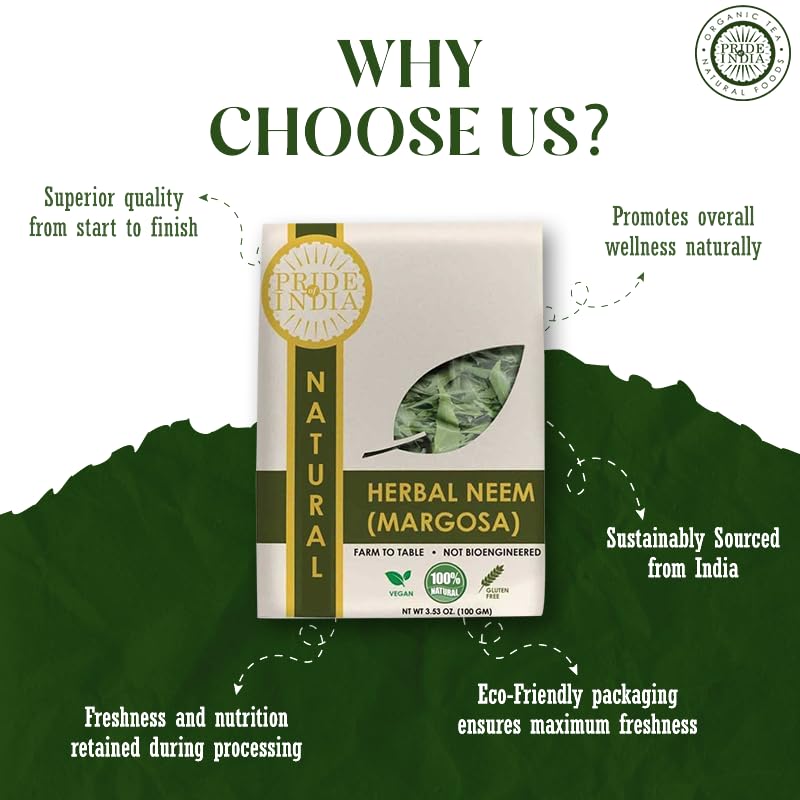 Natural Neem (Margosa) Herb Whole Leaf, 3.53oz (100gm) Pack - Pride Of India