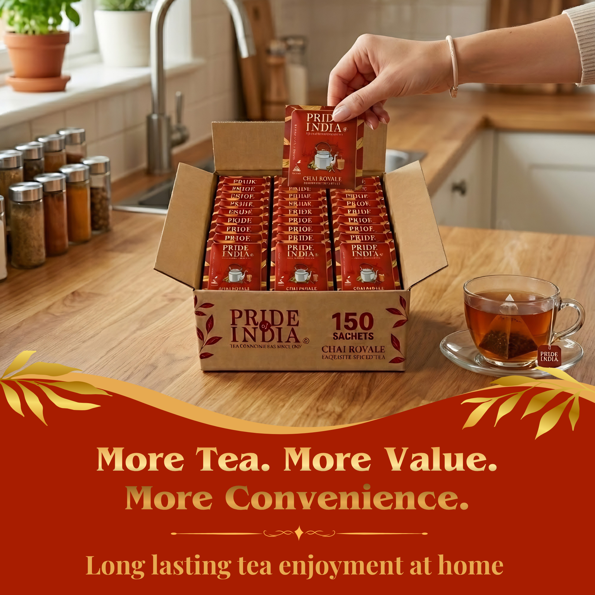 Pride of India Chai Royale Spiced Tea - 150 Individually Wrapped Full Leaf Pyramid Tea Bags | Masala Chai Tea Bulk Pack for Food Service, Cafes, Hotels, Offices & Daily Tea Drinkers