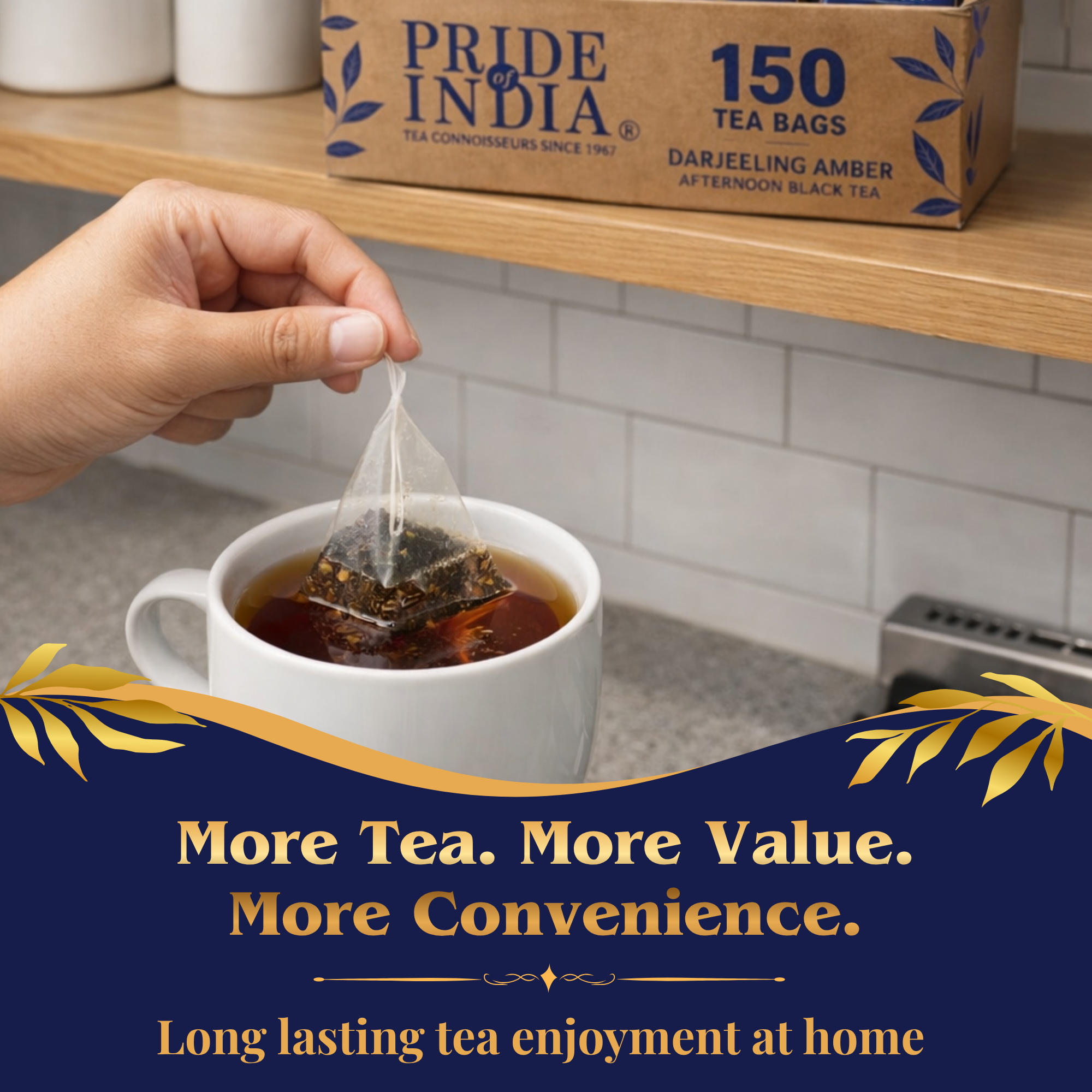 Pride of India Darjeeling Amber Black Tea - 150 Individually Wrapped Full Leaf Pyramid Tea Bags | Bulk Pack for Food Service, Restaurants, Cafes, Hotels, Offices & Daily Tea Drinkers