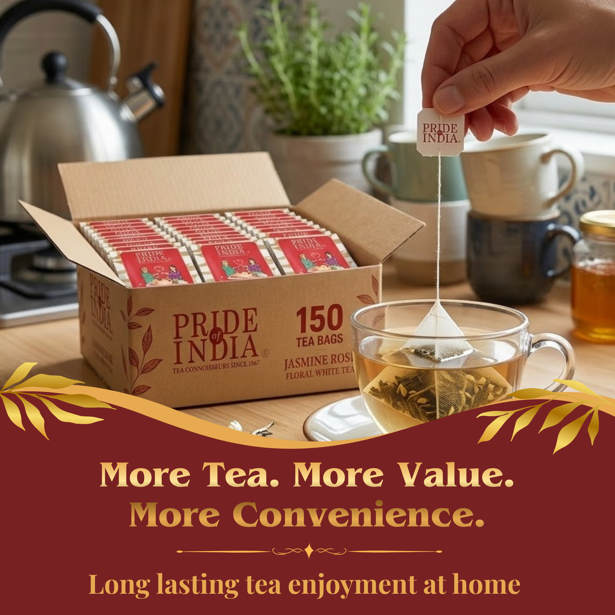 Pride of India Jasmine Rose White Tea - 150 Individually Wrapped Full Leaf Pyramid Tea Bags | Floral White Tea Bulk Pack for Food Service, Cafes, Hotels, Offices & Daily Tea Drinkers