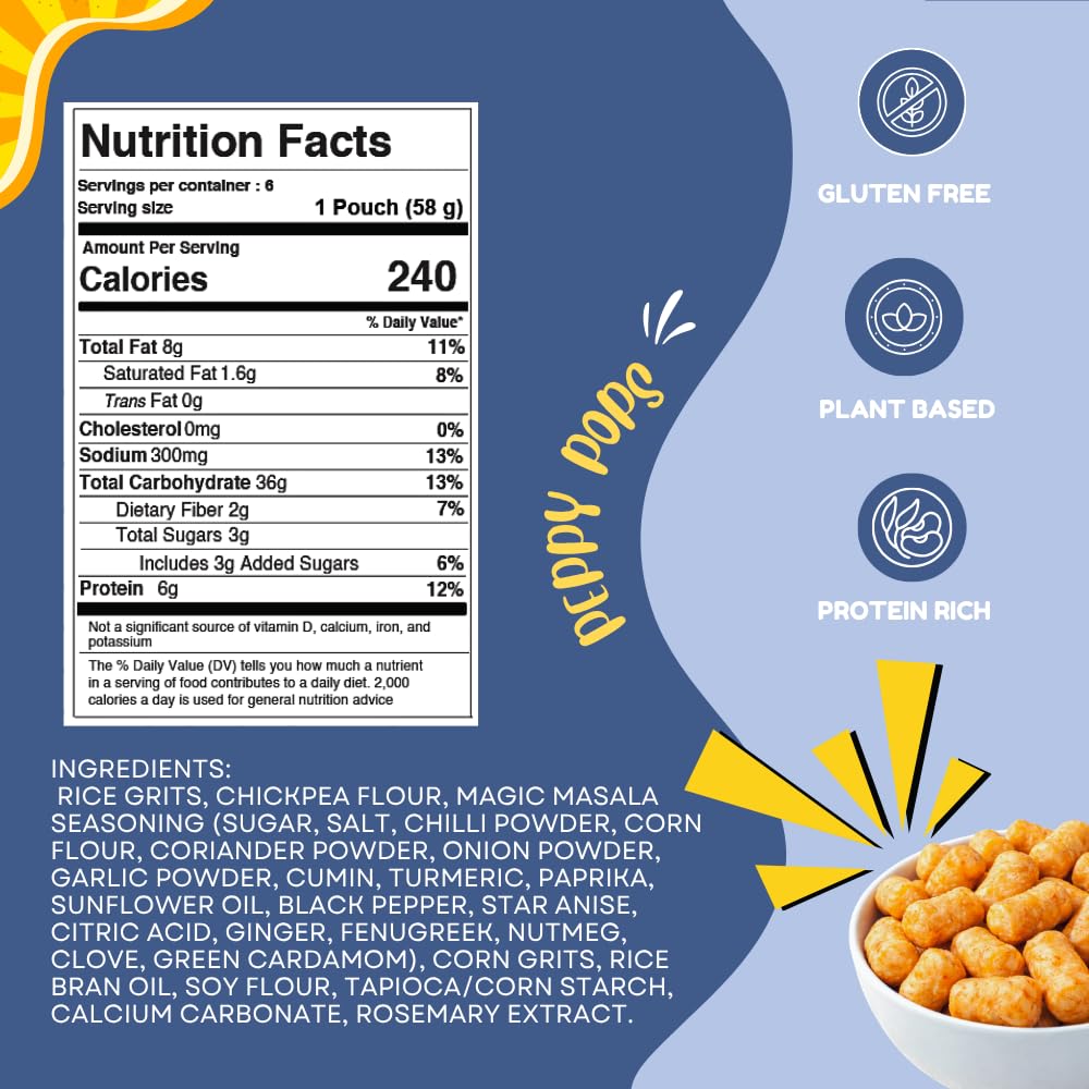 Peppy Pops Chickpea Puffs Masala Magic Flavor - 6 Pack, 12 oz | Indian Spiced High Protein Snacks | Crunchy Better-for-You Snack and Healthy Alternative to Chips with 6g Protein Per Bag