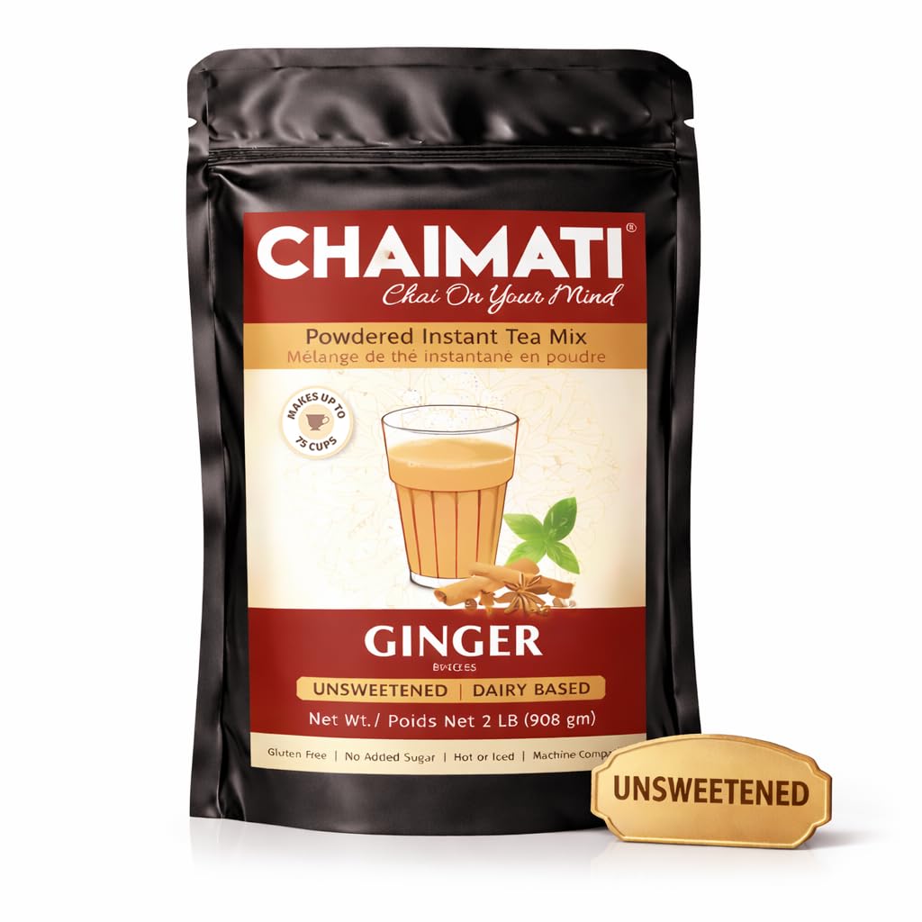 Chaimati Unsweetened Ginger Chai Mix, 2 LB (908 gm) | No Added Sugar, Gluten Free, Dairy Based | Instant Powdered Tea, Makes 75 Cups | Natural Ginger Flavor | Ready in Seconds | Ht or Iced