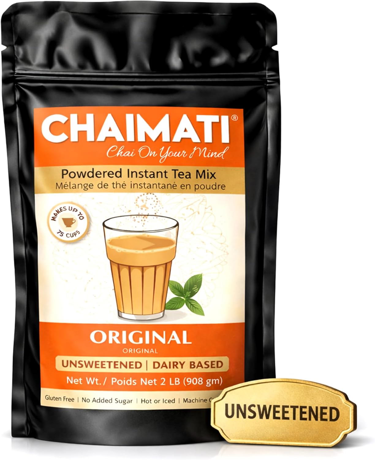 Chaimati Unsweetened Original Chai Mix, 2 LB (908 gm) | No Added Sugar, Gluten Free, Dairy Based | Instant Powdered Tea, Makes 75 Cups | Ready in Seconds | No Artificial Flavors | Hot or Iced