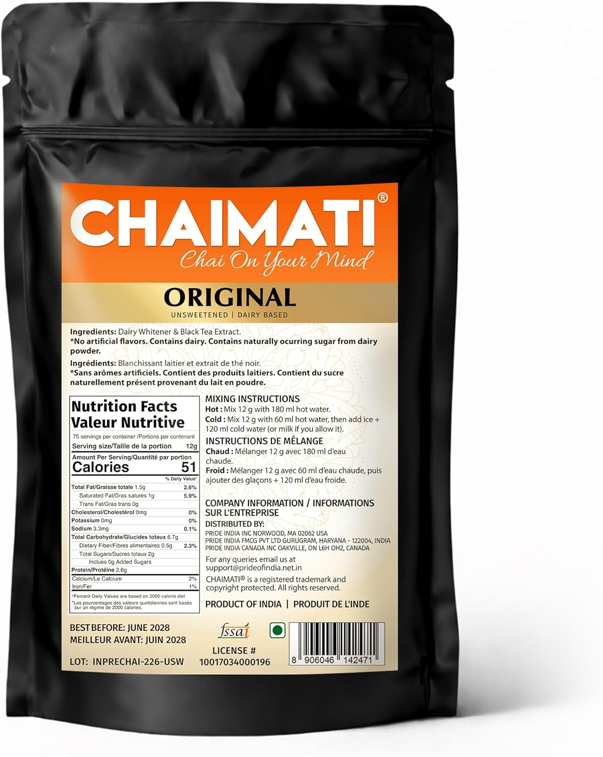 Chaimati Unsweetened Original Chai Mix, 2 LB (908 gm) | No Added Sugar, Gluten Free, Dairy Based | Instant Powdered Tea, Makes 75 Cups | Ready in Seconds | No Artificial Flavors | Hot or Iced