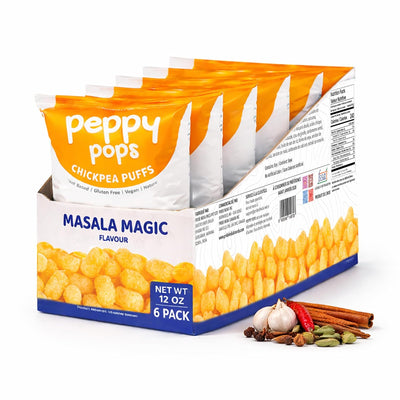 Peppy Pops Chickpea Puffs Masala Magic Flavor - 6 Pack, 12 oz | Indian Spiced High Protein Snacks | Crunchy Better-for-You Snack and Healthy Alternative to Chips with 6g Protein Per Bag