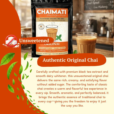 Chaimati Unsweetened Original Chai Mix, 2 LB (908 gm) | No Added Sugar, Gluten Free, Dairy Based | Instant Powdered Tea, Makes 75 Cups | Ready in Seconds | No Artificial Flavors | Hot or Iced