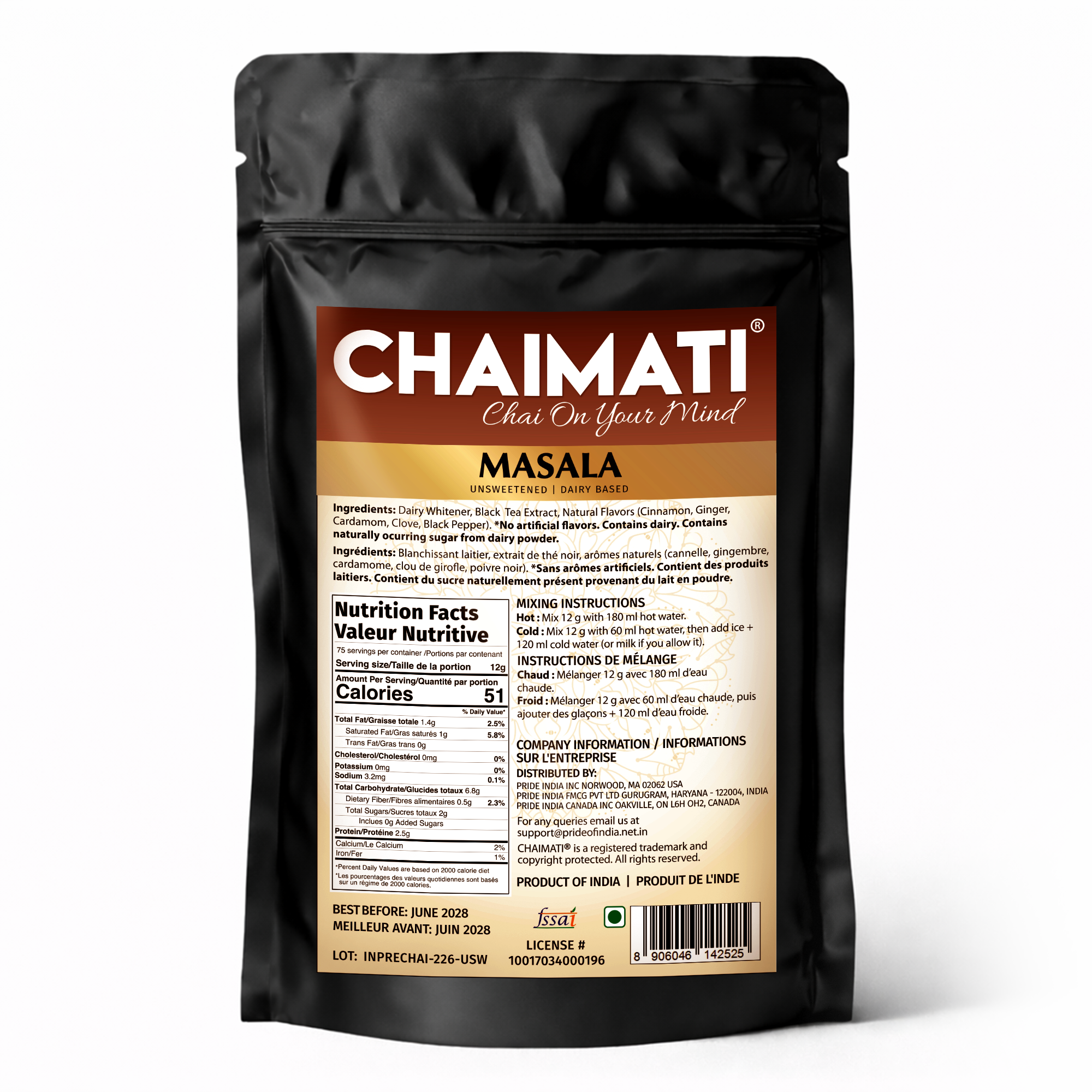 CHAIMATI Unsweetened Instant Masala Chai Latte Premix - 2 lb