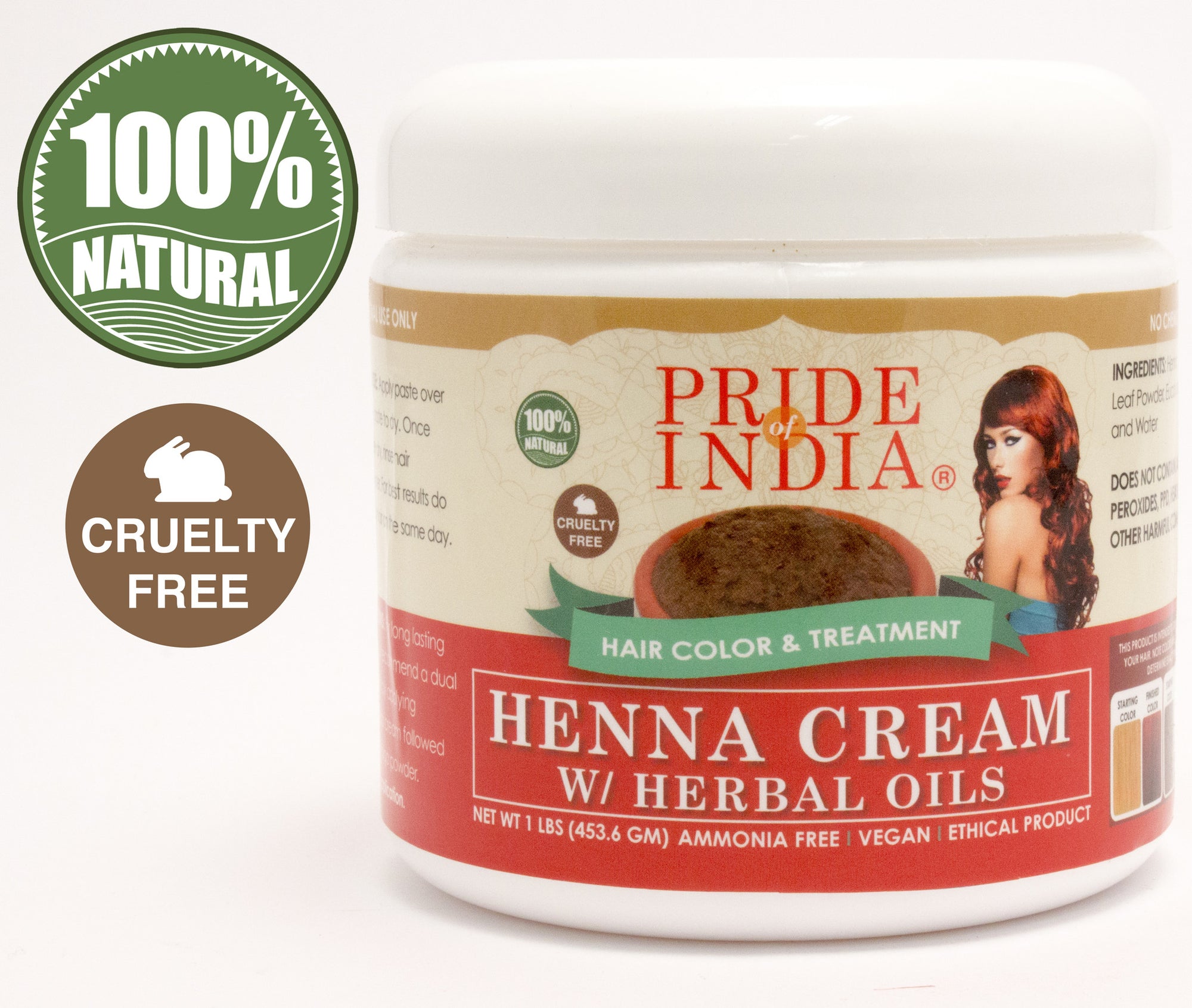 Herbal Henna Hair Color Cream - 100% Natural, 1 Pound (16oz - 454gm) Jar - Pride Of India