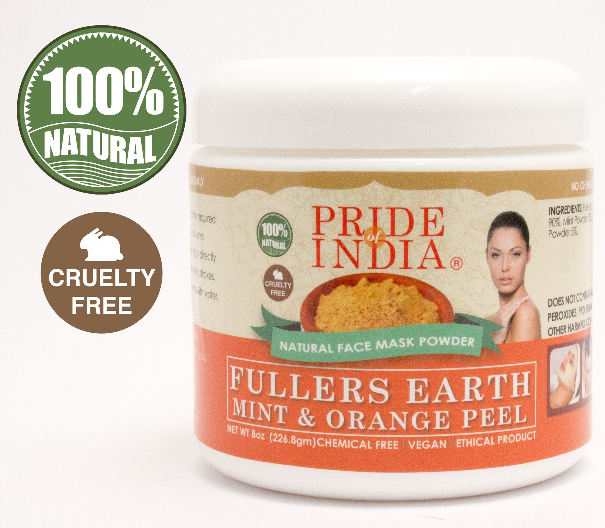 Fuller's Earth Deep Cleansing Clay Powder w/ Mint & Orange Peel, Half Pound (8oz - 227gm) Jar - Pride Of India
